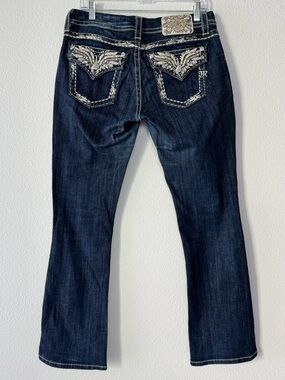 Miss Me Bootcut Jeans 28 Mid Rise Dark Wash  Embellished Wing Flap Pocket Y2K